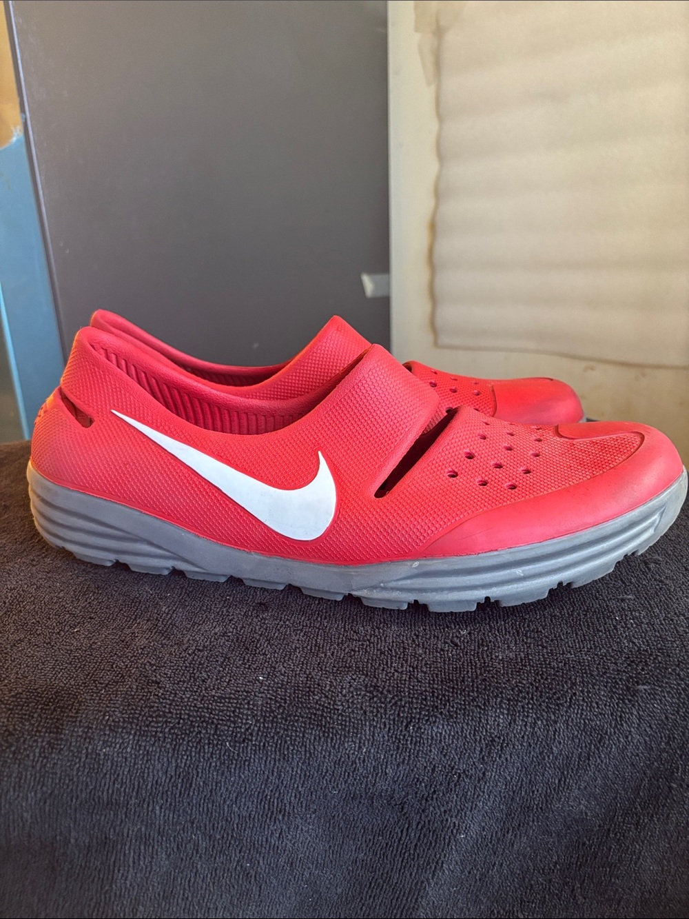 Nike Kids Red Slip-On Sneakers with White Swoosh and Gray Sole